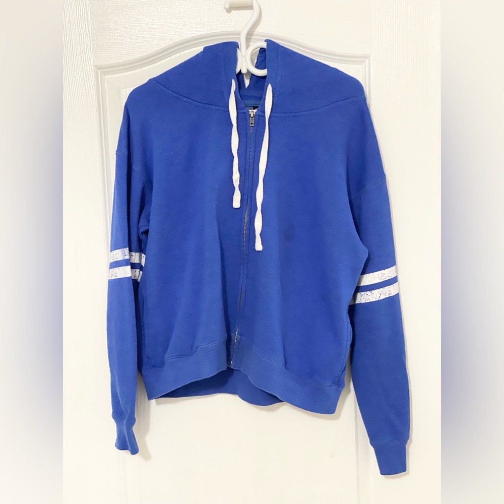 SWS Zip Up Blue Hoodie Drawstrings White Stripes Size L